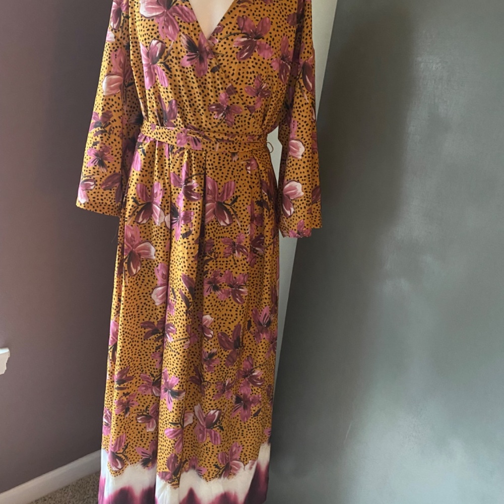 Eloquii Mustard and Pink Floral Wrap Maxi Dress